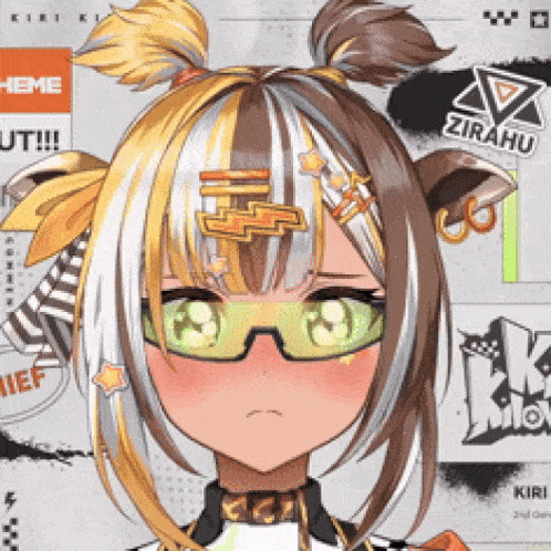 a girl with glasses and a ponytail has the word zirahu on her hair