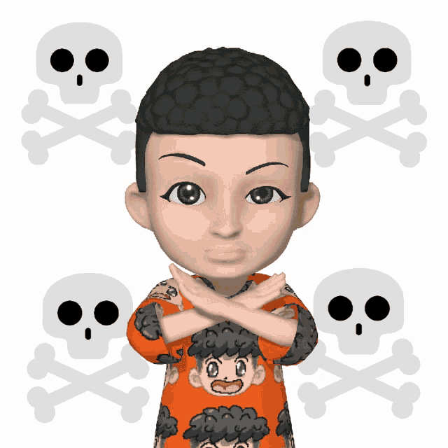 a cartoon character with crossed arms and skulls behind him