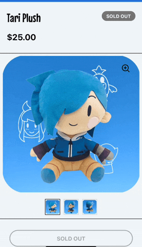a screenshot of a tari plush being sold out for $ 25.00