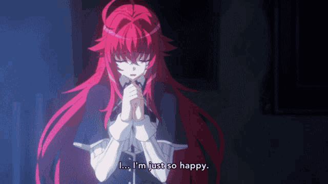 a girl with red hair is praying and says " i 'm just so happy "