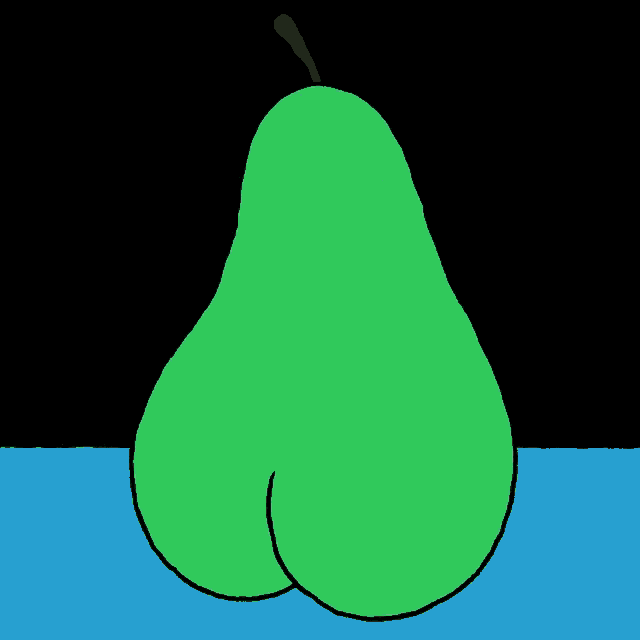 a cartoon of a green pear with a red nose and eyes