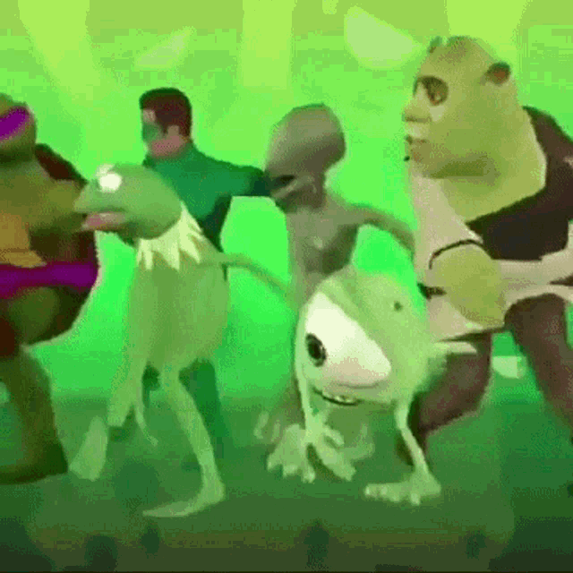 a group of cartoon characters are dancing together including shrek , mike wazowski and teenage mutant ninja turtles .