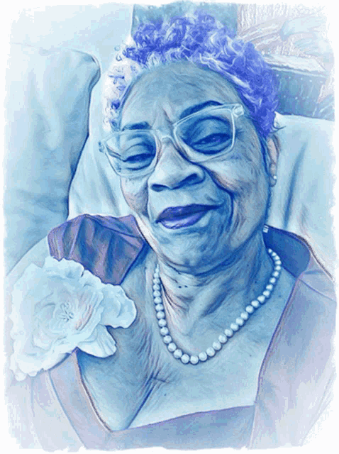 an elderly woman wearing glasses and a pearl necklace holds a white flower