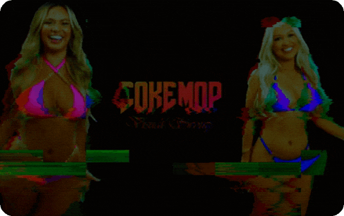 two women in bikinis are dancing in front of a sign that says lopez