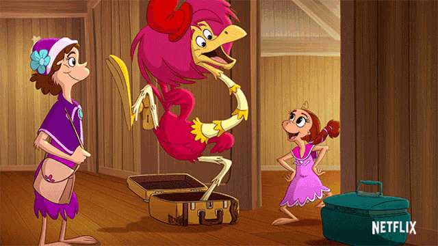 a cartoon of a girl standing next to a suitcase that says netflix on the bottom