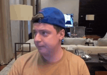 a man wearing a blue hat and a brown shirt looks at the camera in a living room