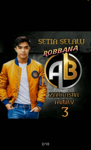a man in a yellow jacket is standing in front of a poster that says setia selalu robbana