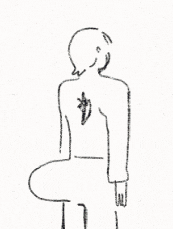 a black and white drawing of a person with a heart on the back