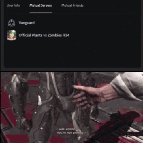 a screenshot of mutual servers and a screenshot of a person playing a video game