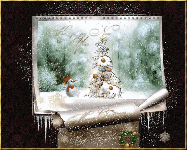 a christmas card with a snowman and a christmas tree