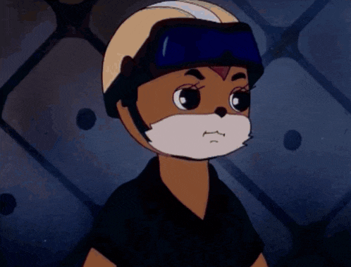 a cartoon character is wearing a helmet and goggles and smiling