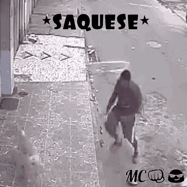 a man is walking a dog down a sidewalk with the words saquese written on the bottom