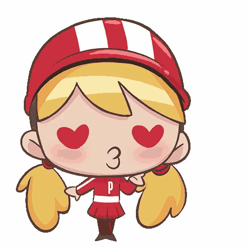 a cartoon girl with hearts in her eyes and the letter p on her outfit