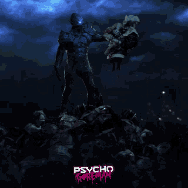 a poster for psycho goreman shows a monster holding a dead person