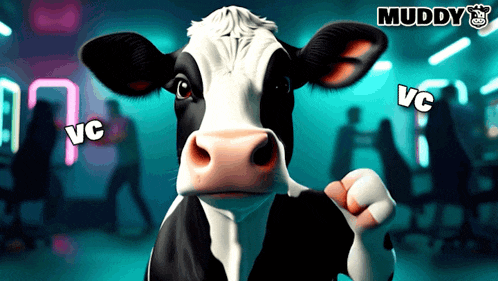 a black and white cow with the words muddy on the bottom