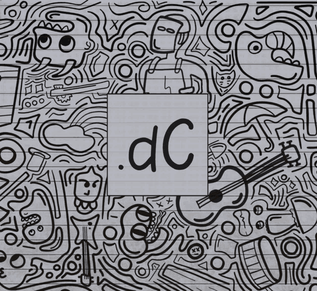 a black and white drawing with the letter dc in the center