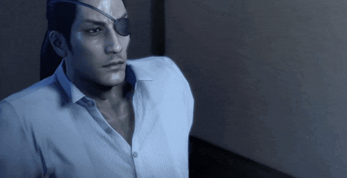 a man in a white shirt has a black eye patch on his eye