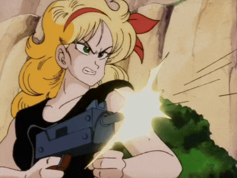 a girl with blonde hair is holding a gun in her hand