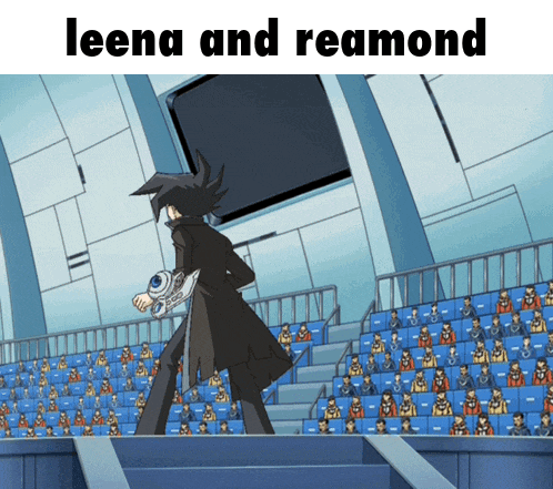 a cartoon of leena and reamond standing in front of a crowd of people