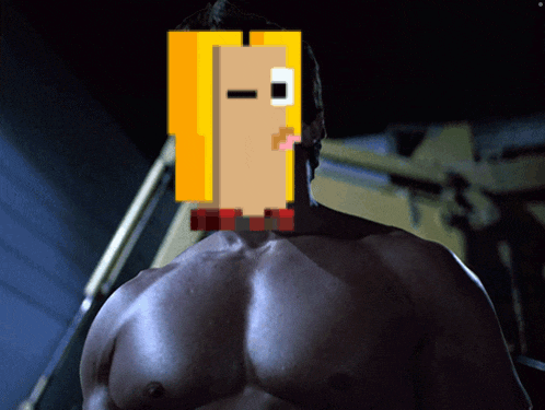 a man without a shirt has a pixelated image of a woman 's face on his chest