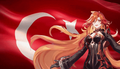 a woman with long red hair stands in front of a flag