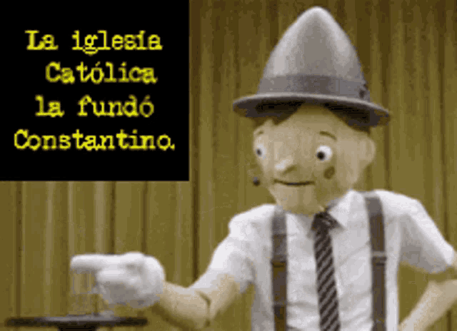 a cartoon character pointing at something with the words la iglesia catholica la fundo constantino behind him