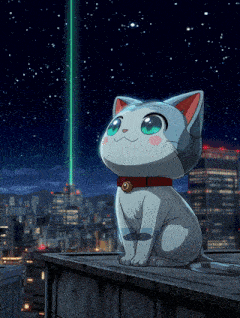 a cartoon cat is sitting on a ledge looking up at a green light