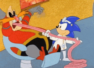a cartoon of sonic the hedgehog and dr. eggman are playing with a pink hose .