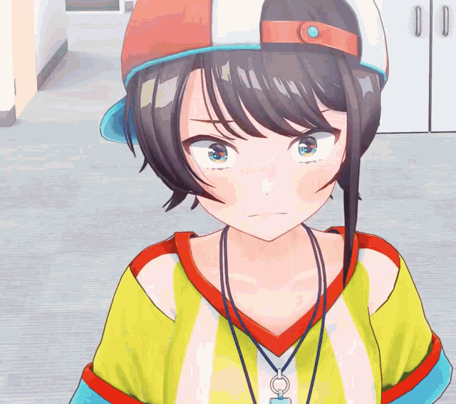 a cartoon girl wearing a hat and a lanyard