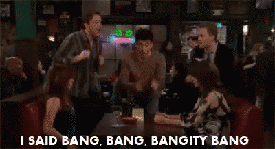 a group of people are dancing in a bar and one of them is saying " i said bang bang bangity bang " .