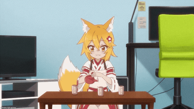 a fox anime character sits at a table with three cups