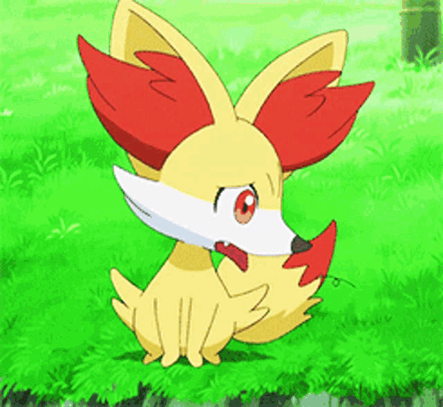 a cartoon fox with red ears is sitting on a lush green field