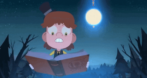 a cartoon character is reading a book with the letter s on the cover