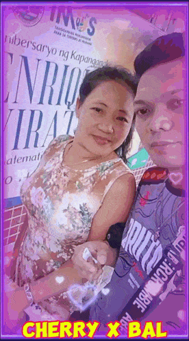 a man and a woman are posing for a picture with the name cherry x bal on the bottom right