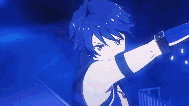 a blue haired anime character is standing in front of a blue background .
