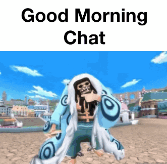 a skeleton is standing in front of a city with the words `` good morning chat '' above him .