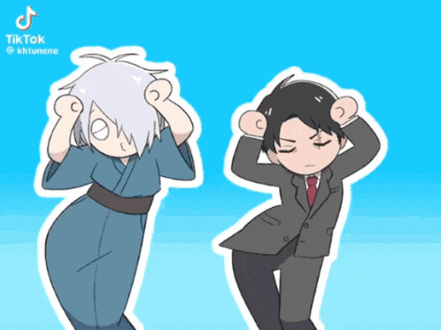 a cartoon of a boy in a kimono and a man in a suit dancing with their hands on their heads