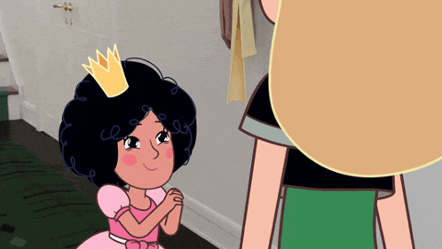 a cartoon girl with a crown on her head is kneeling down