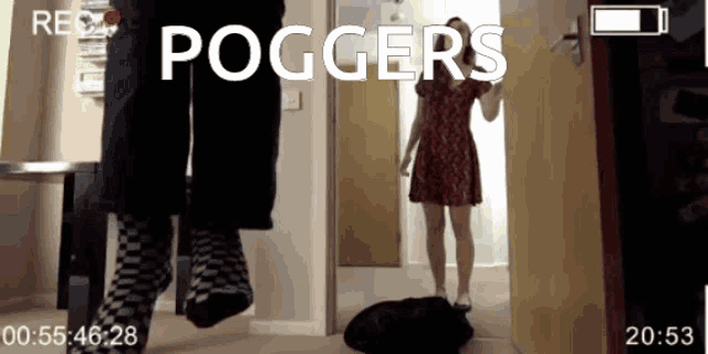 a woman in a red dress is standing in a hallway with the words poggers on the screen