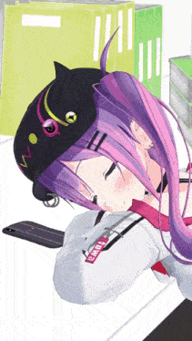 a girl with purple hair is wearing a black hat with a cat ear and a white shirt that says tokyo on it