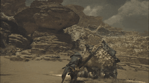 a monster with a huge head is standing in the desert