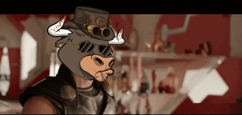 a cartoon drawing of a bull wearing sunglasses and a top hat