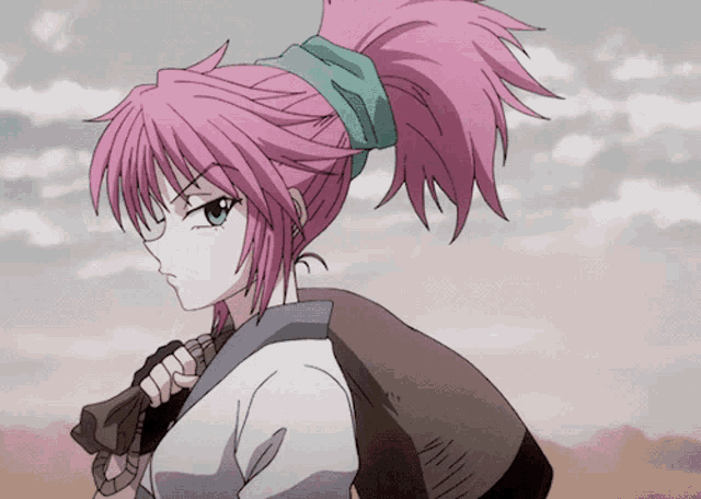 a girl with pink hair and a ponytail holds a bag over her shoulder
