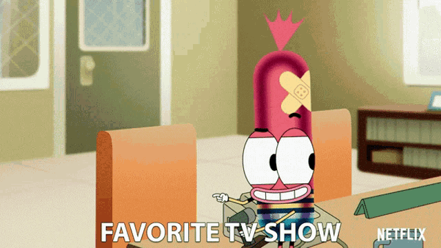 a cartoon character with a bandage on his head is sitting at a table and says favorite tv show