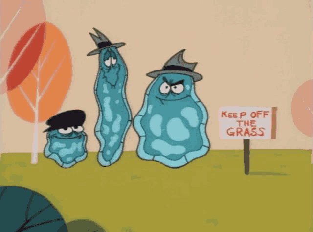 three cartoon characters standing next to a sign that reads keep off the grass