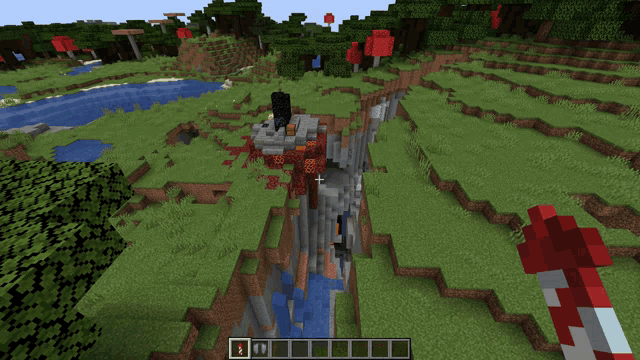 a screenshot of a minecraft game shows a waterfall and a river