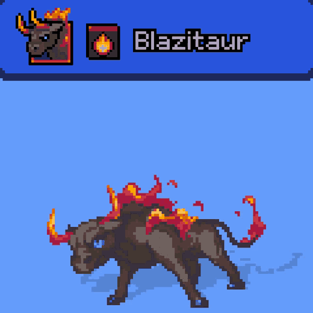 a pixel art of a bull with flames on its back and the name blazitaur