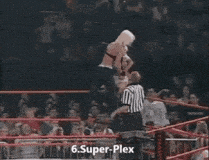 a referee in a wrestling ring with the words super-plex written on the bottom .