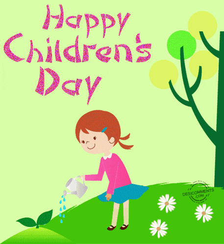 a girl watering a plant with the words happy children 's day written on the bottom