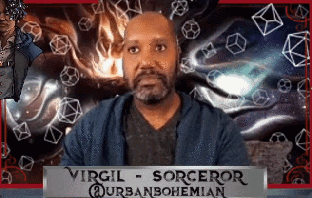 a man with a beard stands in front of a sign that says virgil sorceror